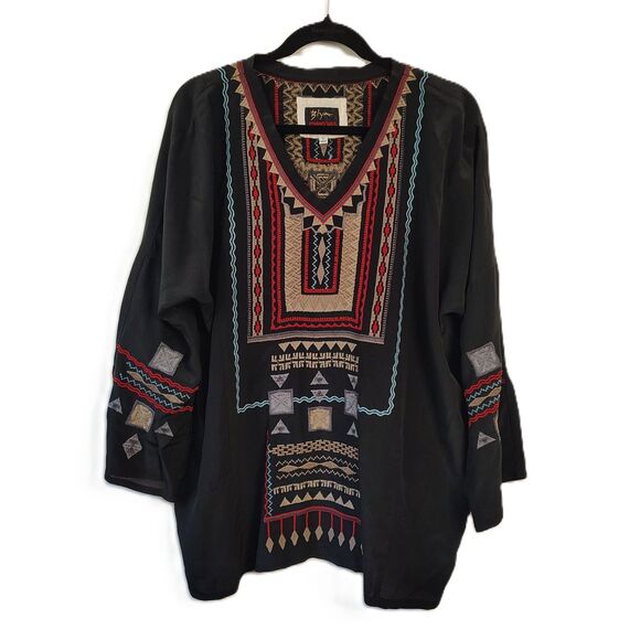BIYA Johnny Was Black Silk Medium Women's Boho Tribal Embroidered Blouse - Picture 1 of 10
